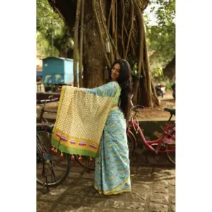 Women's Linen Printed Saree with Blouse – Blue