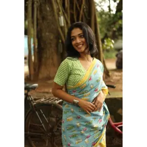 Women's Linen Printed Saree with Blouse – Blue