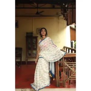 Women's Linen Printed Saree with Blouse – White
