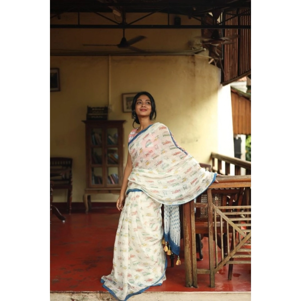 Women's Linen Printed Saree with Blouse – White
