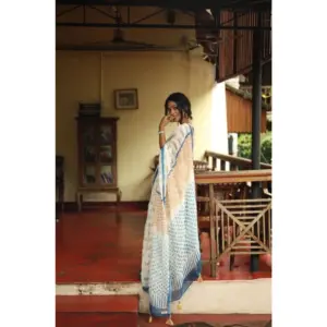 Women's Linen Printed Saree with Blouse – White