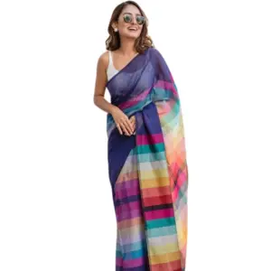 Women's Linen Printed Saree with Blouse – Navy