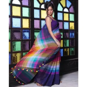 Women's Linen Printed Saree with Blouse – Navy