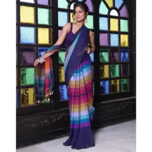 Women's Linen Printed Saree with Blouse – Navy