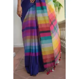 Women's Linen Printed Saree with Blouse – Navy