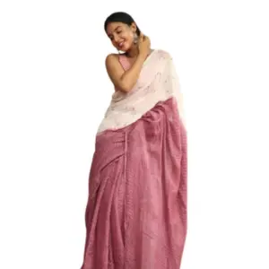 Women's Linen Printed Saree with Blouse – White