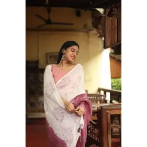 Women's Linen Printed Saree with Blouse – White
