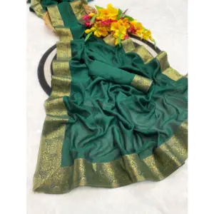 Women's Vichitra Silk Printed Saree with Blouse – Green