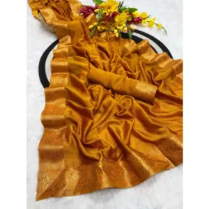 Women's Vichitra Silk Printed Saree with Blouse – Mustard