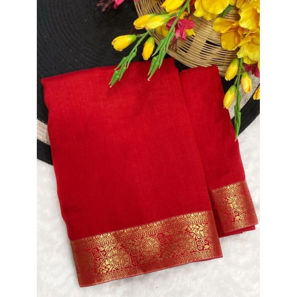 Women's Vichitra Silk Printed Saree with Blouse – Red