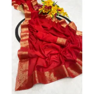 Women's Vichitra Silk Printed Saree with Blouse – Red
