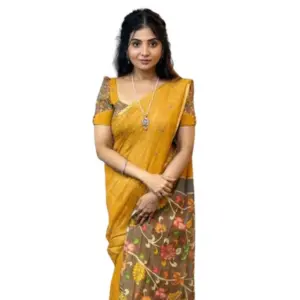 Women's Linen Printed Saree with Blouse – Mustard