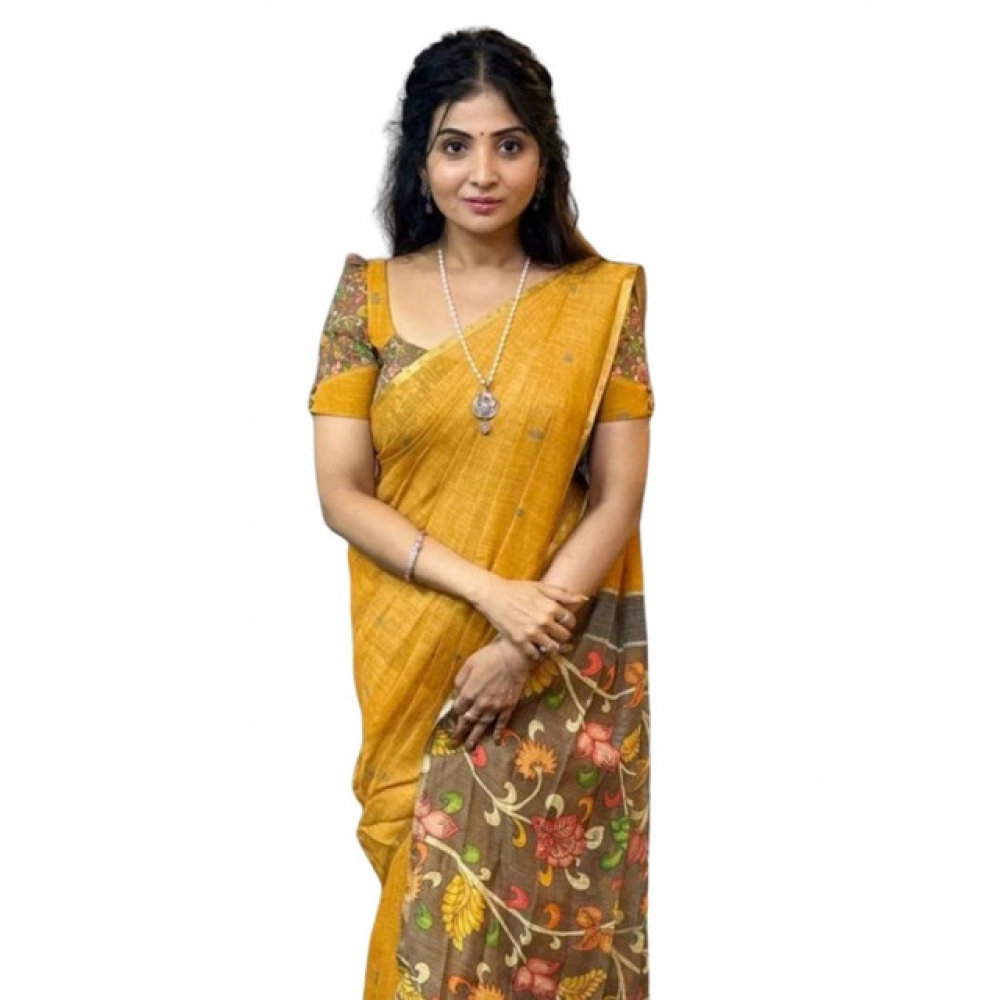 Women's Linen Printed Saree with Blouse – Mustard