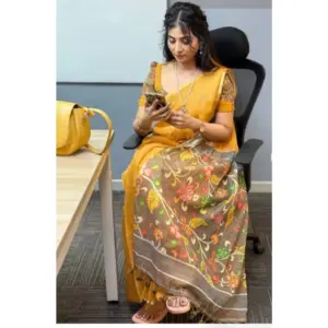 Women's Linen Printed Saree with Blouse – Mustard