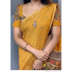 Women's Linen Printed Saree with Blouse – Mustard