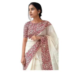 Women's Linen Printed Saree with Blouse – White