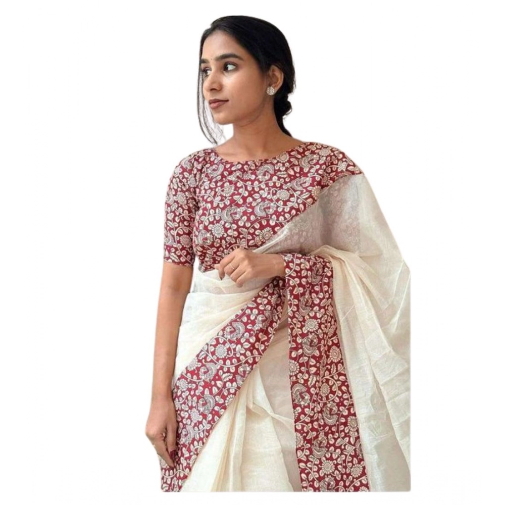 Women's Linen Printed Saree with Blouse – White
