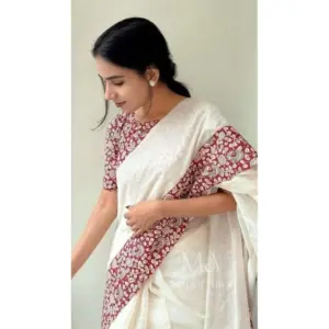 Women's Linen Printed Saree with Blouse – White
