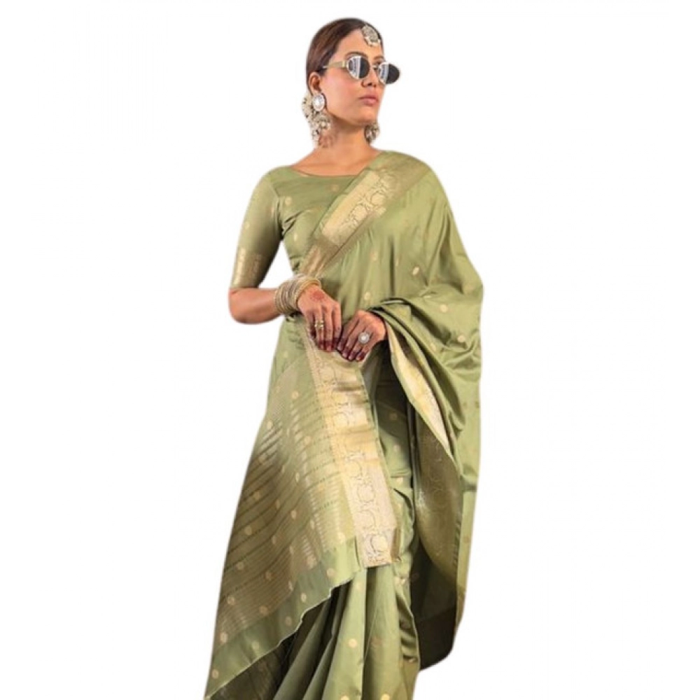 Women's Satin Printed Saree with Blouse – Green