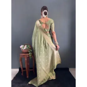 Women's Satin Printed Saree with Blouse – Green