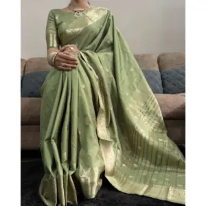 Women's Satin Printed Saree with Blouse – Green