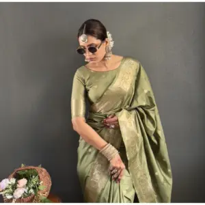 Women's Satin Printed Saree with Blouse – Green