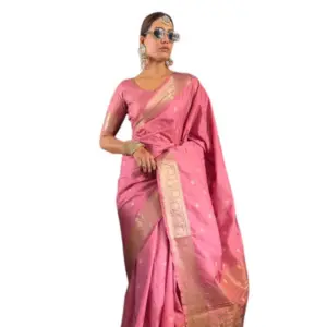 Women's Satin Printed Saree with Blouse – Pink