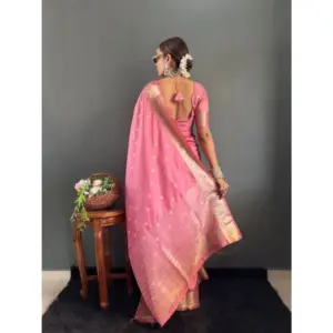 Women's Satin Printed Saree with Blouse – Pink