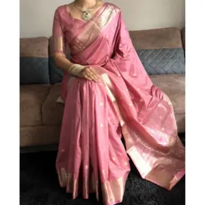 Women's Satin Printed Saree with Blouse – Pink