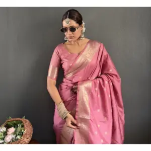 Women's Satin Printed Saree with Blouse – Pink