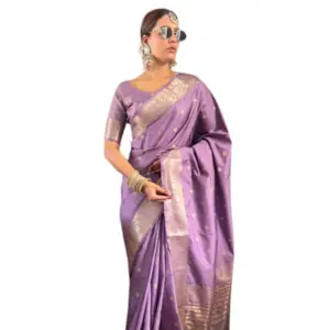 Women's Satin Printed Saree with Blouse – Purple