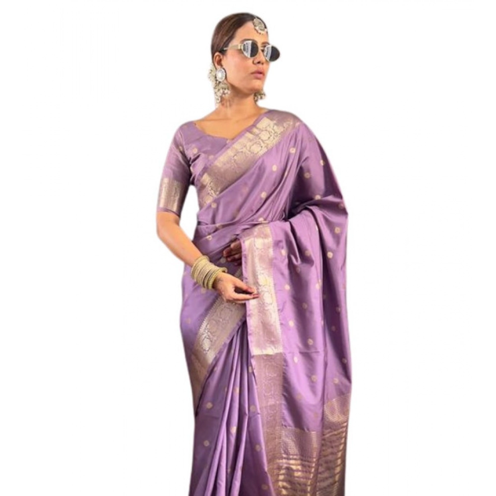 Women's Satin Printed Saree with Blouse – Purple