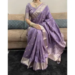 Women's Satin Printed Saree with Blouse – Purple
