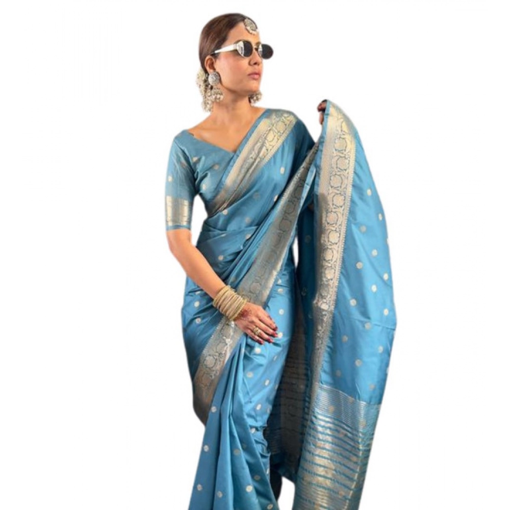 Women's Satin Printed Saree with Blouse – Light Blue