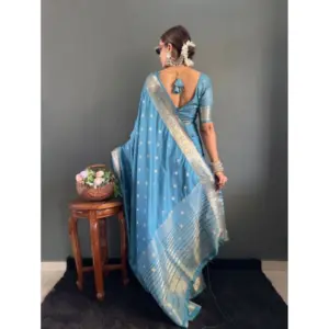 Women's Satin Printed Saree with Blouse – Light Blue