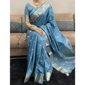 Women's Satin Printed Saree with Blouse – Light Blue