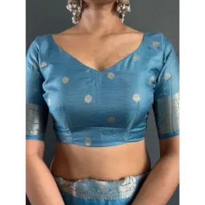 Women's Satin Printed Saree with Blouse – Light Blue