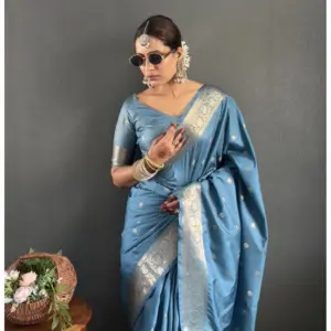 Women's Satin Printed Saree with Blouse – Light Blue