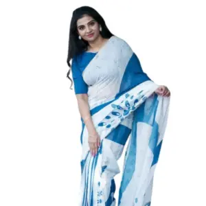 Women's Linen Printed Saree with Blouse – White
