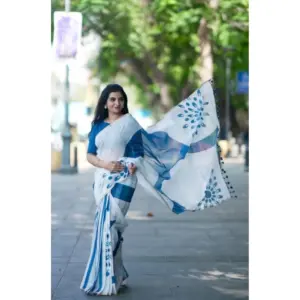 Women's Linen Printed Saree with Blouse – White
