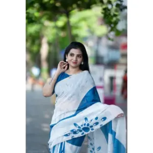 Women's Linen Printed Saree with Blouse – White