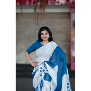 Women's Linen Printed Saree with Blouse – White