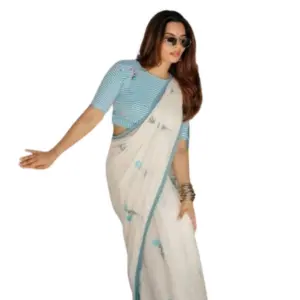 Women's Linen Printed Saree with Blouse – White