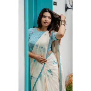 Women's Linen Printed Saree with Blouse – White