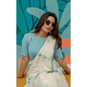 Women's Linen Printed Saree with Blouse – White