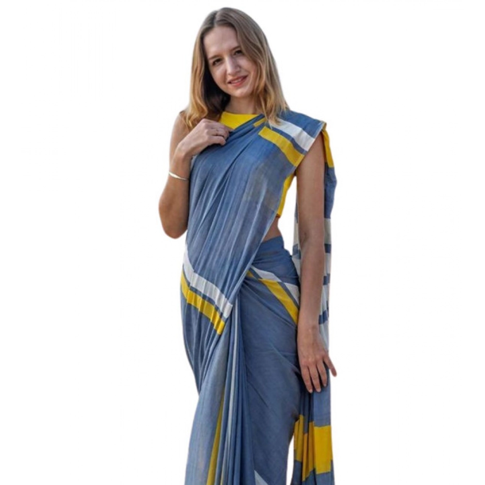 Women's Linen Printed Saree with Blouse – Blue