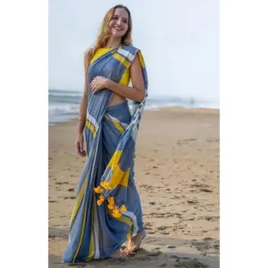 Women's Linen Printed Saree with Blouse – Blue