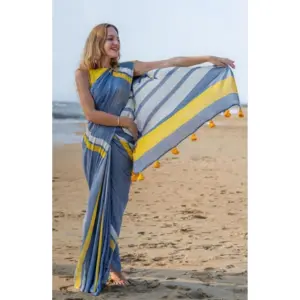 Women's Linen Printed Saree with Blouse – Blue