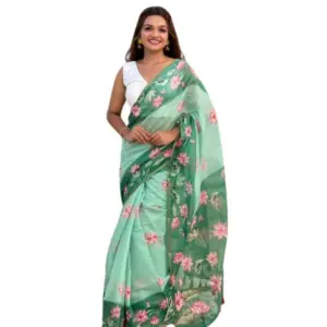Women's Linen Printed Saree with Blouse – Green