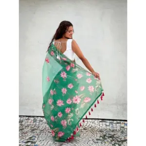 Women's Linen Printed Saree with Blouse – Green